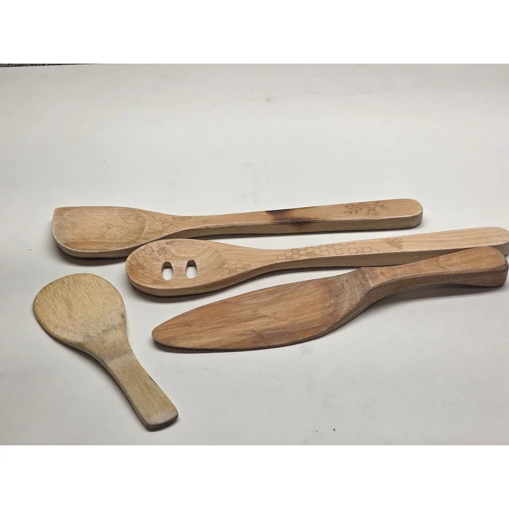 Talisman Designs Wooden Kitchen Utensil Set 4pc Bee Honeycomb Floral Etched Wood